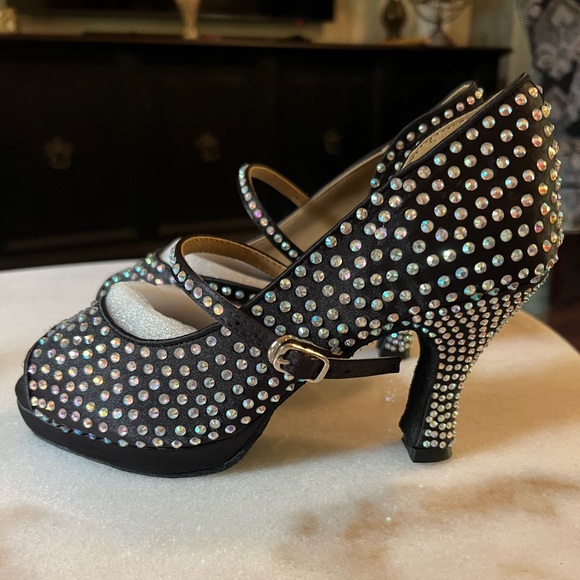 Brand New Ballroom Salsa Studded Rainbow Rhinestones Black Dance Shoes - Picture 3 of 8